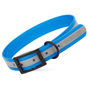 Translucent Blue dog collar with reflective strip and black buckle, made from waterproof Biothane