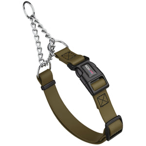 Coyote brown martingale dog collar with black quick release buckle, made from waterproof Biothane