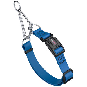 Cerulean blue martingale dog collar with black quick release buckle, made from waterproof Biothane