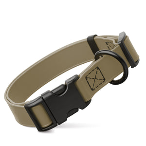 Coyote Brown dog collar with black quick release buckle and metal D-ring, adjustable, 3/4- or 1-inch wide, made from waterproof Biothane
