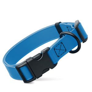 Cerulean blue dog collar with black quick release buckle and metal D-ring, adjustable, 3/4- or 1-inch wide, made from waterproof Biothane