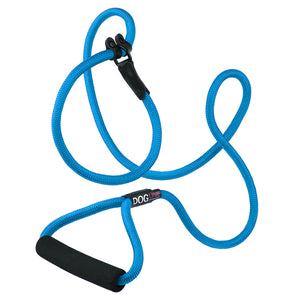 Cyan blue nylon slip lead with padded neoprene handle, 1/2 inches wide, round rope design