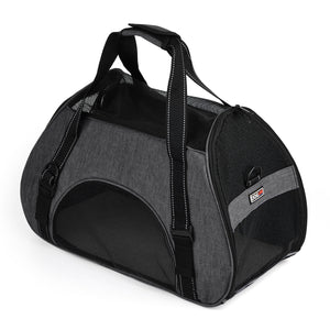 Small dog carrier bag with ventilated mesh sides and door, gray