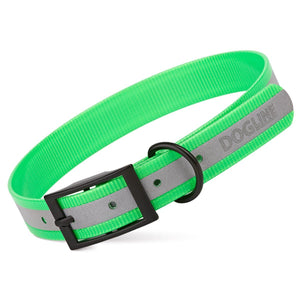 Translucent Green dog collar with reflective strip and black buckle, made from waterproof Biothane