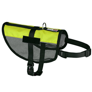 Lime green dog harness with adjustable belly and chest straps, two fasteners for patches, made from lightweight mesh material