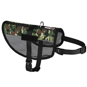 Green camo dog harness with adjustable belly and chest straps, two fasteners for patches, made from lightweight mesh material