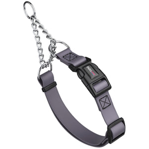 Battleship gray martingale dog collar with black quick release buckle, made from waterproof Biothane