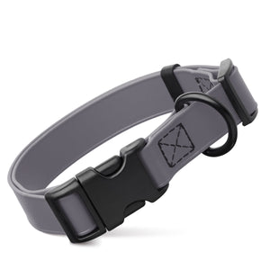 Battleship Gray dog collar with black quick release buckle and metal D-ring, adjustable, 3/4- or 1-inch wide, made from waterproof Biothane
