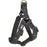 Black dog harness with quick release buckle, made from soft microfiber, step-in, flat design