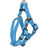 Blue dog harness with quick release buckle, made from soft microfiber, step-in, flat design