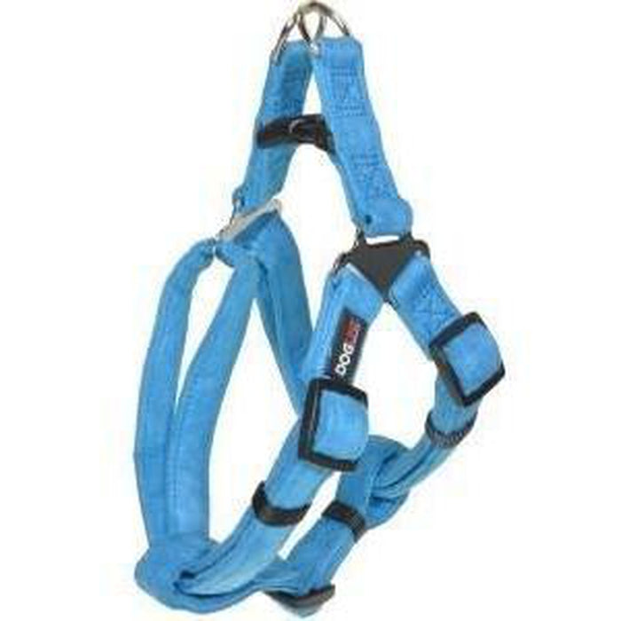 Blue dog harness with quick release buckle, made from soft microfiber, step-in, flat design