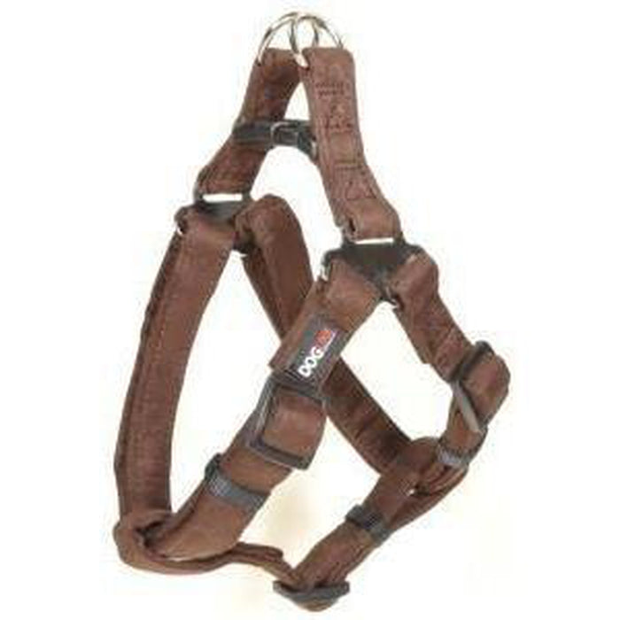 Brown dog harness with quick release buckle, made from soft microfiber, step-in, flat design