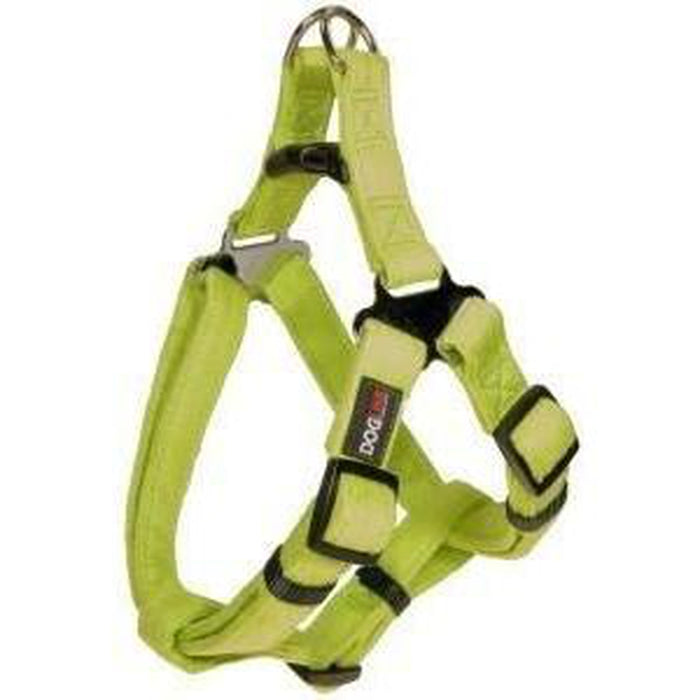 Lime green dog harness with quick release buckle, made from soft microfiber, step-in, flat design