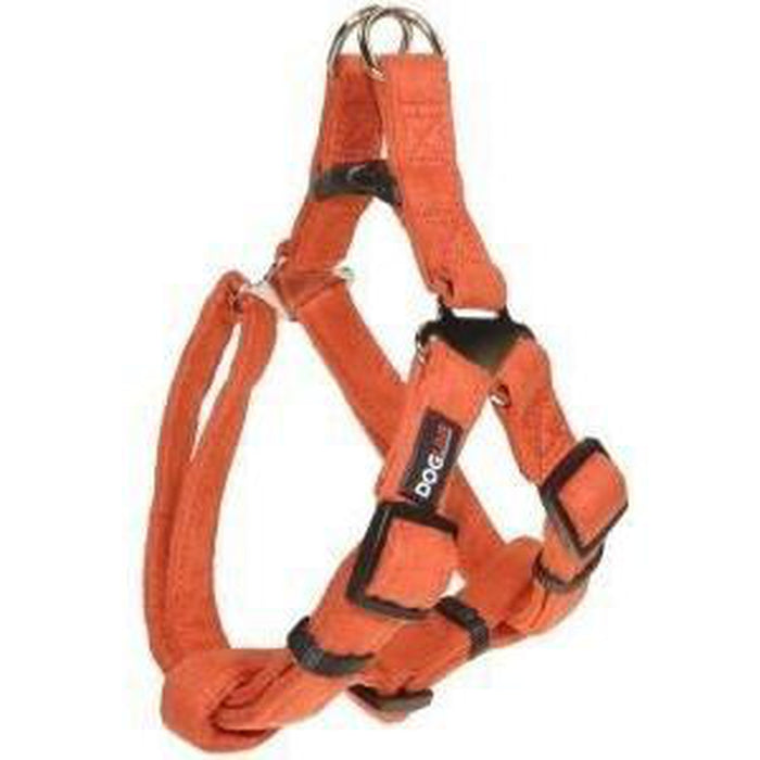 Orange dog harness with quick release buckle, made from soft microfiber, step-in, flat design