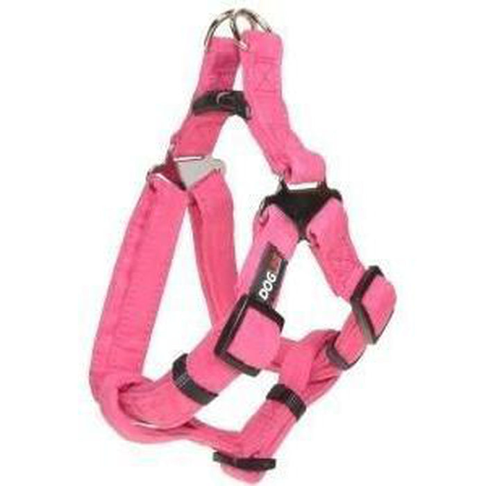 Pink dog harness with quick release buckle, made from soft microfiber, step-in, flat design