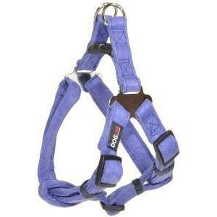 Purple dog harness with quick release buckle, made from soft microfiber, step-in, flat design