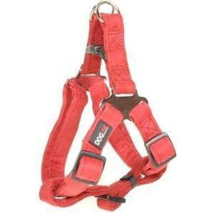 Red dog harness with quick release buckle, made from soft microfiber, step-in, flat design