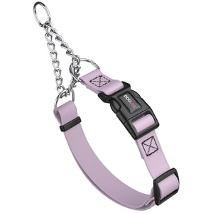 Pastel purple martingale dog collar with black quick release buckle, made from waterproof Biothane