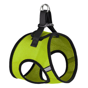 Lime green dog harness with quick release buckle and reflective strips, made from breathable nylon mesh