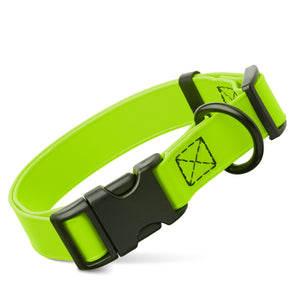 Tropical Green dog collar with black quick release buckle and metal D-ring, adjustable, 3/4- or 1-inch wide, made from waterproof Biothane