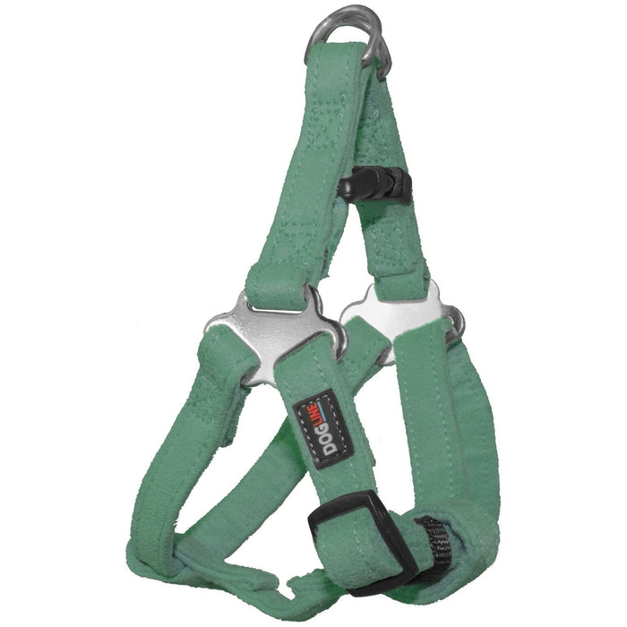 Teal dog harness with quick release buckle, made from soft microfiber, step-in, flat design