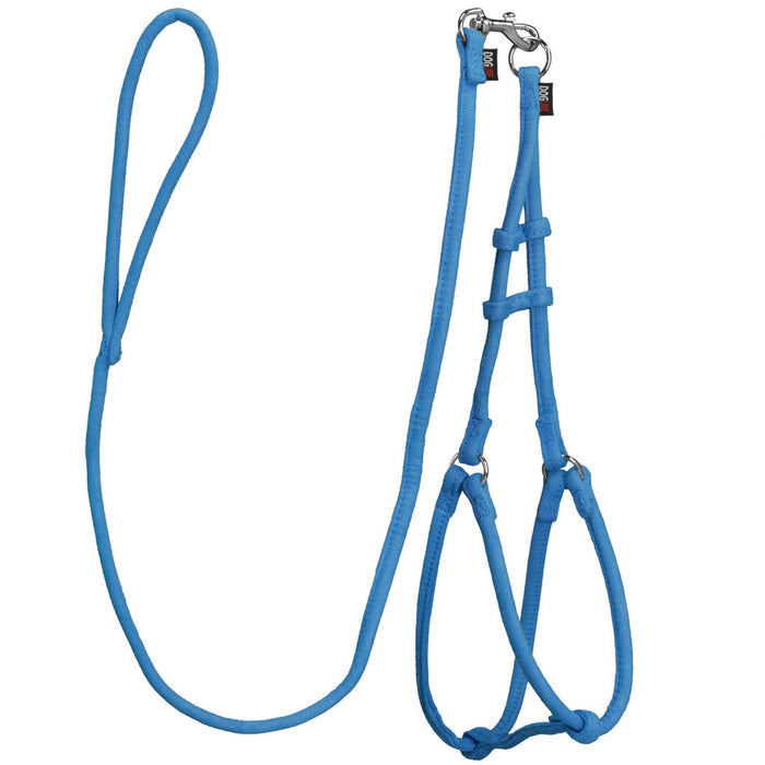 Blue dog harness and dog leash set with metal hardware, made from soft microfiber, round design