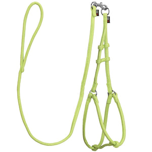 Lime green dog harness and dog leash set with metal hardware, made from soft microfiber, round design