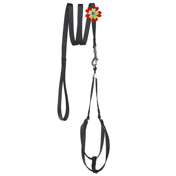 Black nylon dog harness and dog leash set with optional flower decoration
