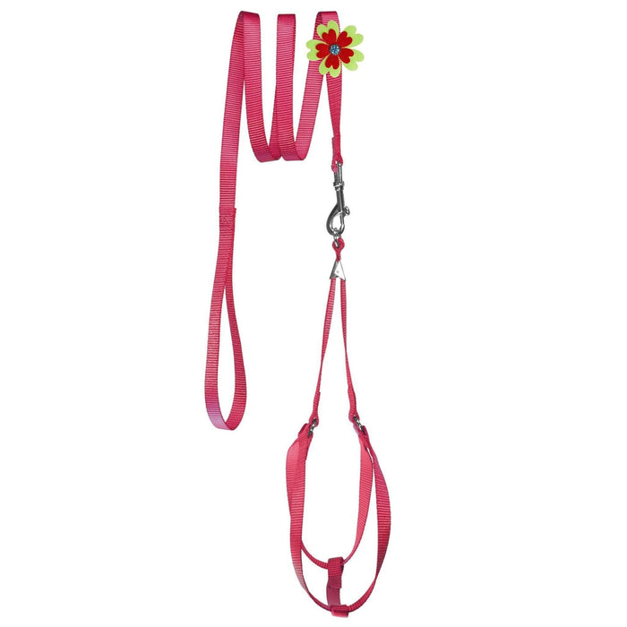 Red nylon dog harness and dog leash set with optional flower decoration