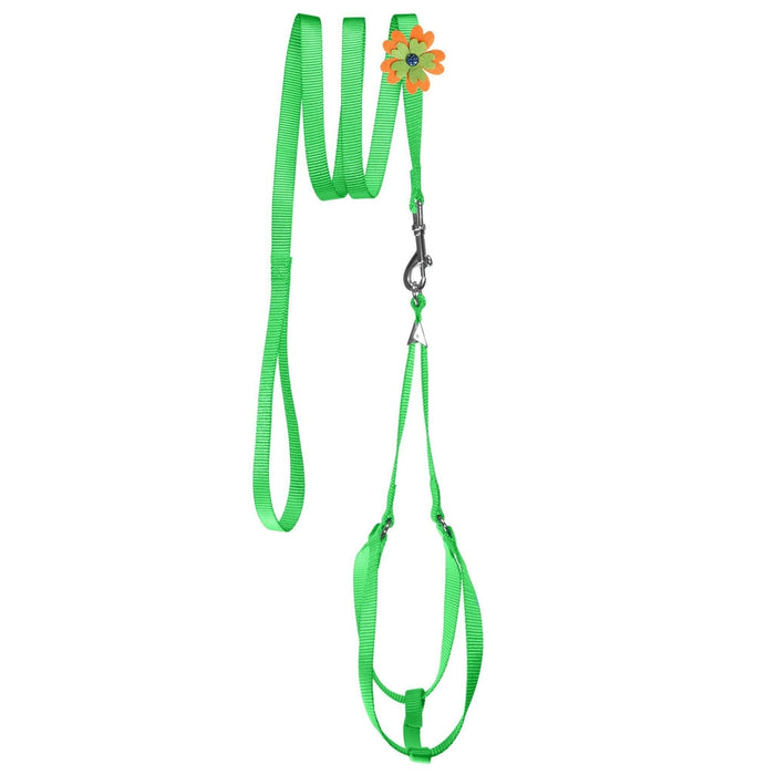 Green nylon dog harness and dog leash set with optional flower decoration