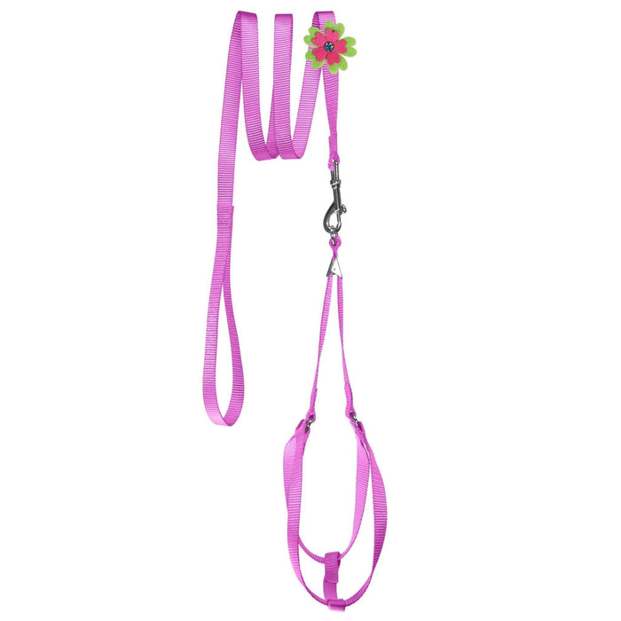 Pink nylon dog harness and dog leash set with optional flower decoration
