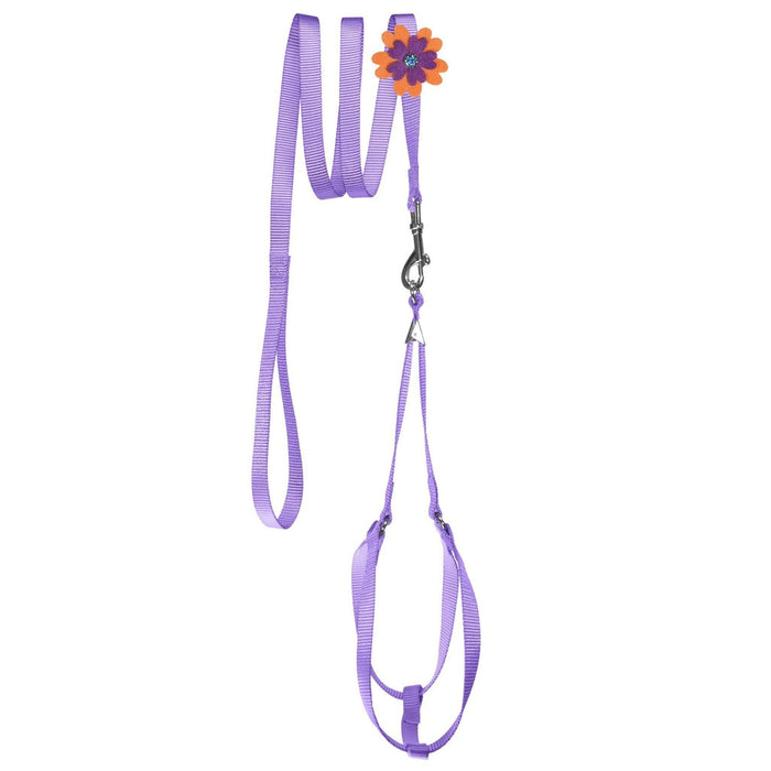 Purple nylon dog harness and dog leash set with optional flower decoration