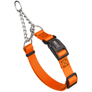 Hunter orange martingale dog collar with black quick release buckle, made from waterproof Biothane