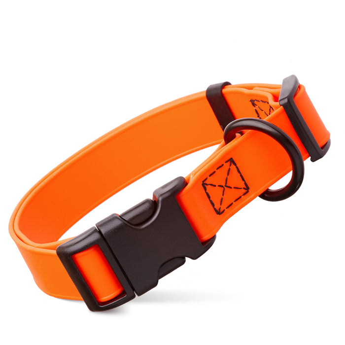 Hunter Orange dog collar with black quick release buckle and metal D-ring, adjustable, 3/4- or 1-inch wide, made from waterproof Biothane