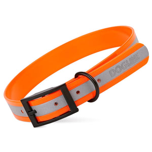 Translucent Orange dog collar with reflective strip and black buckle, made from waterproof Biothane