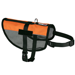 Orange dog harness with adjustable belly and chest straps, two fasteners for patches, made from lightweight mesh material