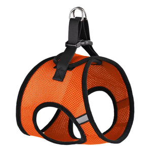 Orange dog harness with quick release buckle and reflective strips, made from breathable nylon mesh