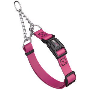 Passionfruit pink martingale dog collar with black quick release buckle, made from waterproof Biothane