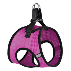 Pink dog harness with quick release buckle and reflective strips, made from breathable nylon mesh