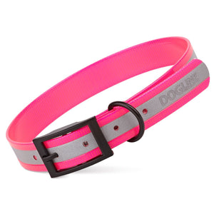 Translucent Pink dog collar with reflective strip and black buckle, made from waterproof Biothane