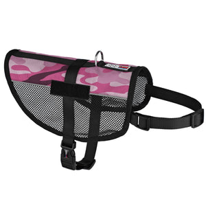Pink camo dog harness with adjustable belly and chest straps, two fasteners for patches, made from lightweight mesh material