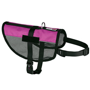 Pink dog harness with adjustable belly and chest straps, two fasteners for patches, made from lightweight mesh material