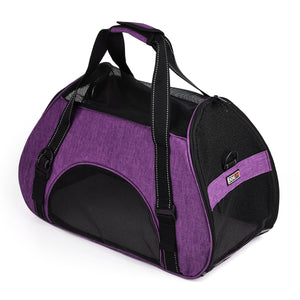 Small dog carrier bag with ventilated mesh sides and door, purple