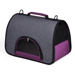 Black and purple pet carrier for small dogs and cats with mesh screens, collapsible design