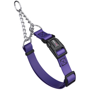 Violet purple martingale dog collar with black quick release buckle, made from waterproof Biothane