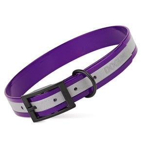 Translucent Purple dog collar with reflective strip and black buckle, made from waterproof Biothane