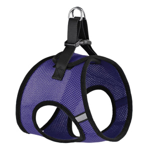 Purple dog harness with quick release buckle and reflective strips, made from breathable nylon mesh