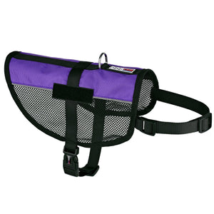 Purple dog harness with adjustable belly and chest straps, two fasteners for patches, made from lightweight mesh material