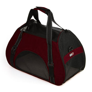 Small dog carrier bag with ventilated mesh sides and door, red