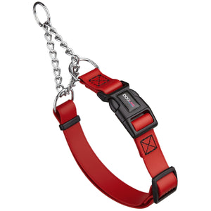 Cherry red martingale dog collar with black quick release buckle, made from waterproof Biothane
